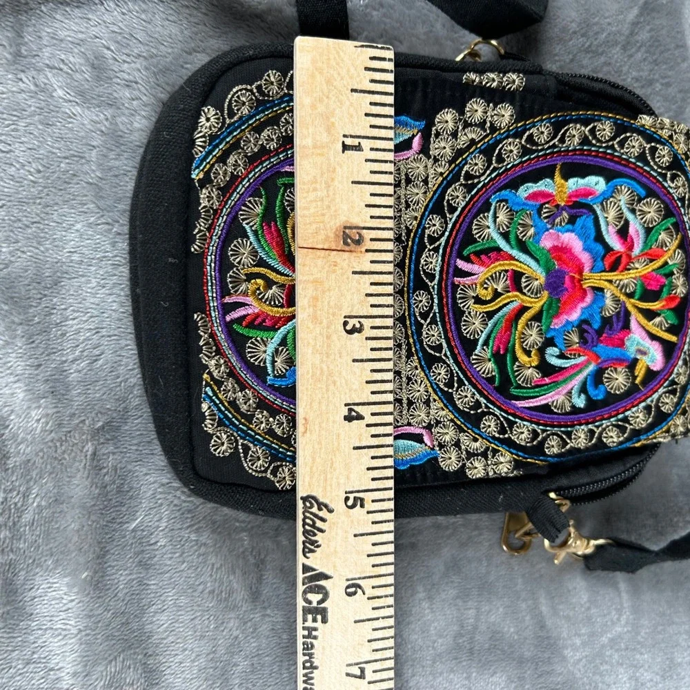 Boho Embroidered Canvas Crossbody Bag Black Floral Bird Utility Phone Purse